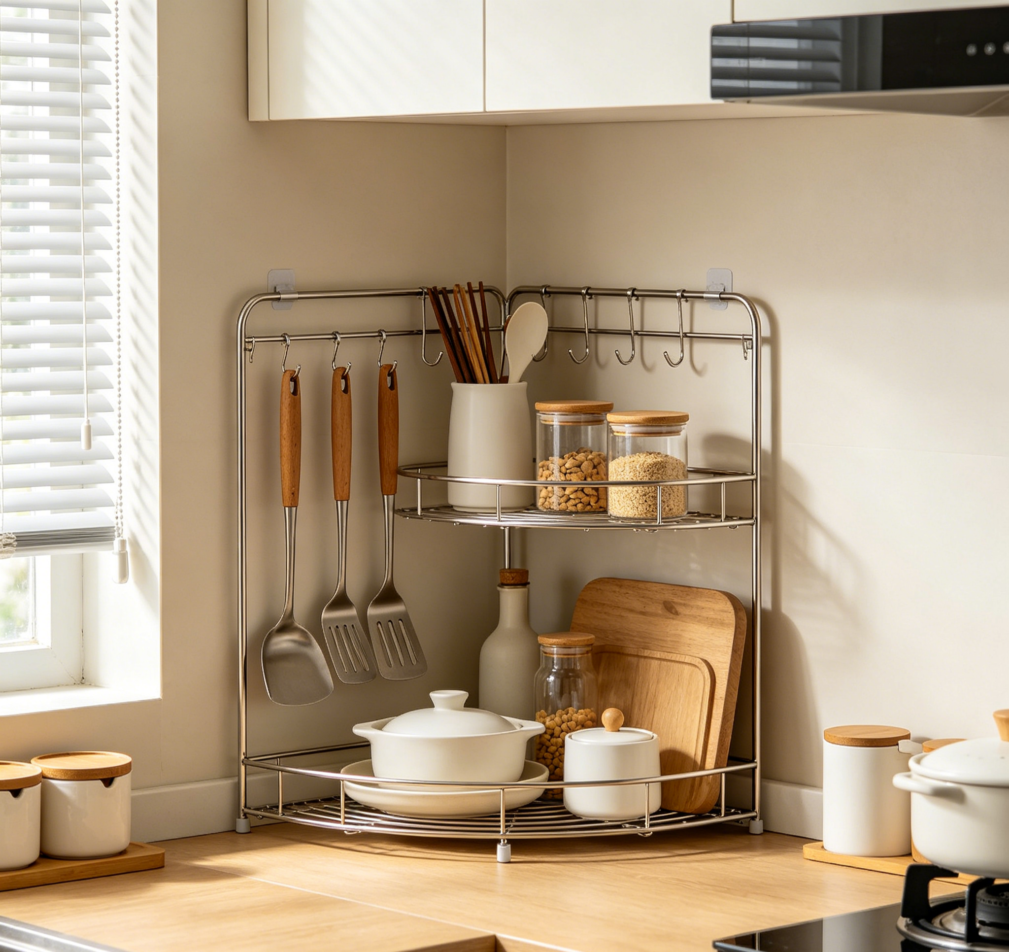Adjustable Corner Storage Rack with Hooks